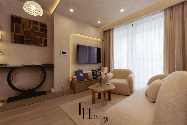 Sofa bo tròn và bàn trà gỗ dáng đám mây trong phòng khách Lumiere Boulevard