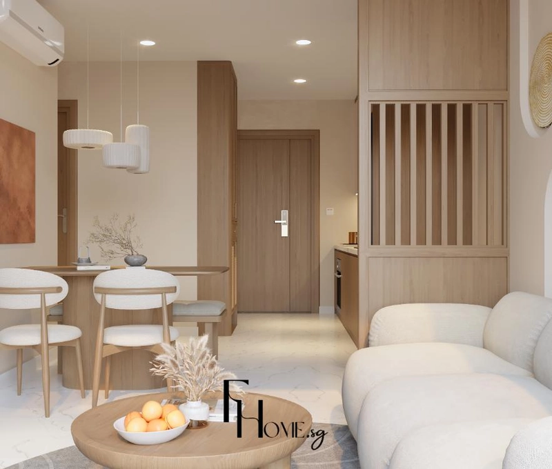 Sofa bo tròn và bàn ăn gỗ ở khu sinh hoạt chung của căn hộ