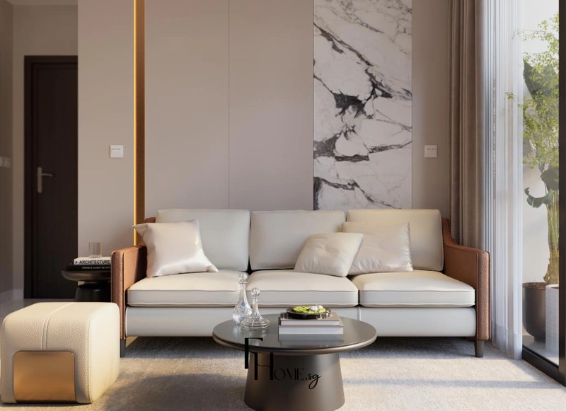 Sofa trước mảng tường điểm dải đá vân trắng ở phòng khách liền bếp