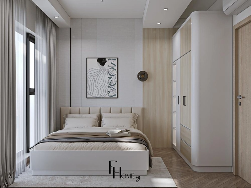 Thiết kế theo tone be, xám pastel hài hòa, nội thất gỗ tự nhiên bo tròn góc đảm bảo an toàn cho bé hiếu động