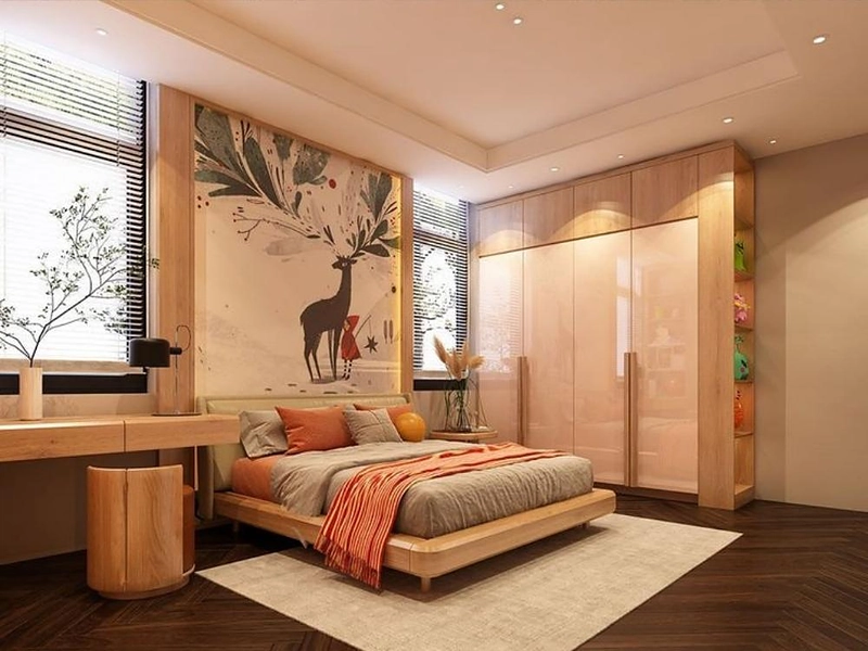 Trang trí bằng cây xanh nhỏ, tranh động vật và chất liệu mây tre đan mang đến không gian gần gũi, thân thiện môi trường