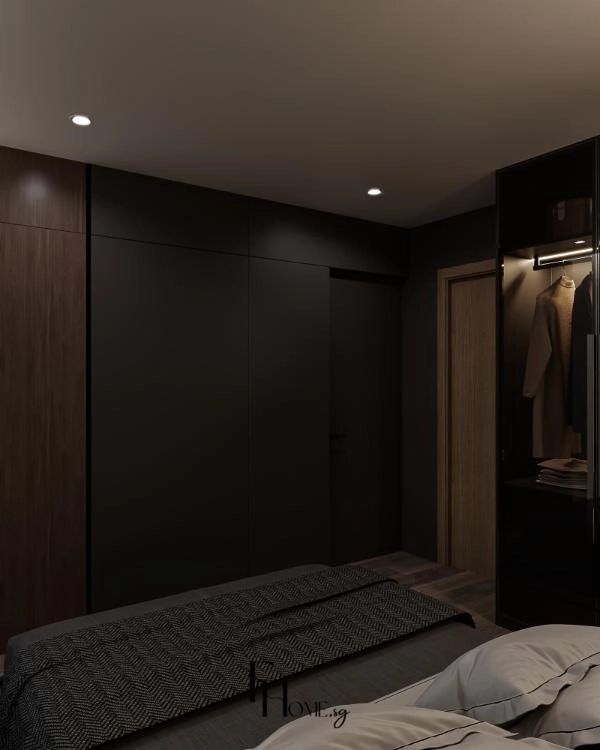 Phòng ngủ chính với tủ áo đen phẳng và tủ áo cánh kính cạnh giường