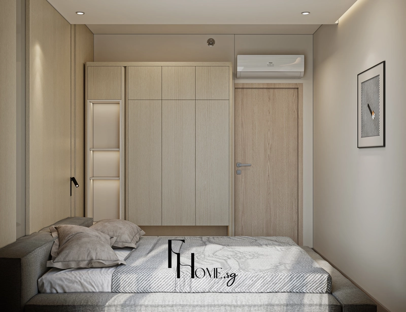 Tủ áo cao sát trần cánh phẳng cạnh cửa và đầu giường trong phòng ngủ
