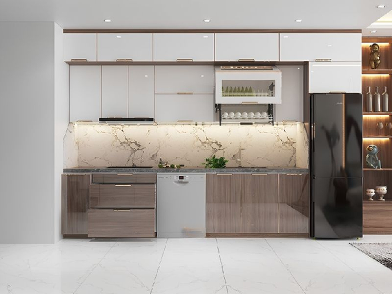 Mẫu tủ bếp chữ I inox cánh kính