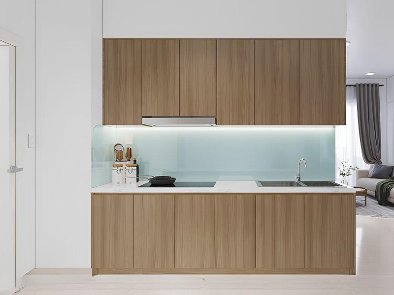 Mẫu tủ bếp chữ I phủ Veneer