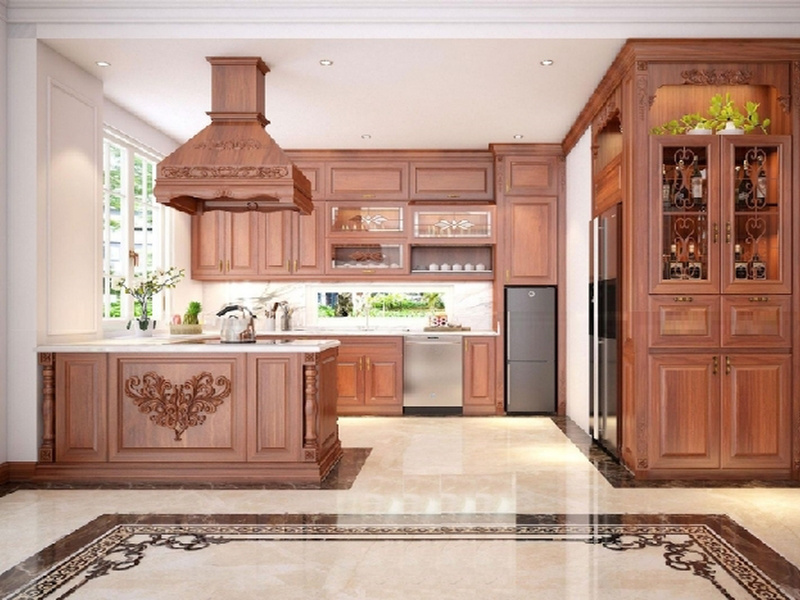 Mẫu tủ bếp chữ L cổ điển