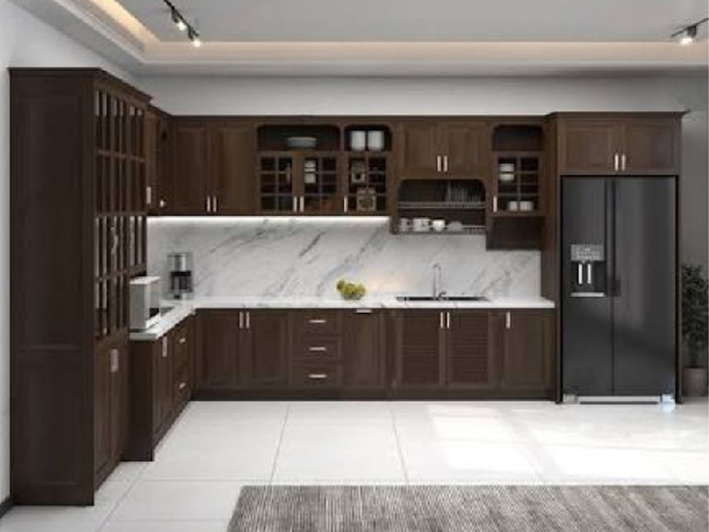 Mẫu tủ bếp chữ L gỗ óc chó