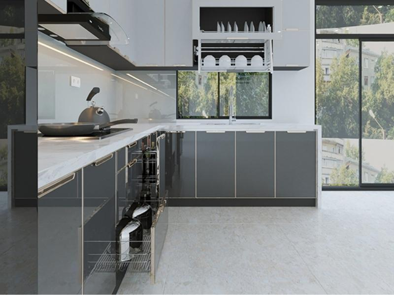Mẫu tủ bếp chữ L inox cánh kính