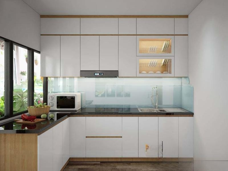 Mẫu tủ bếp chữ L kết hợp hệ tủ cao