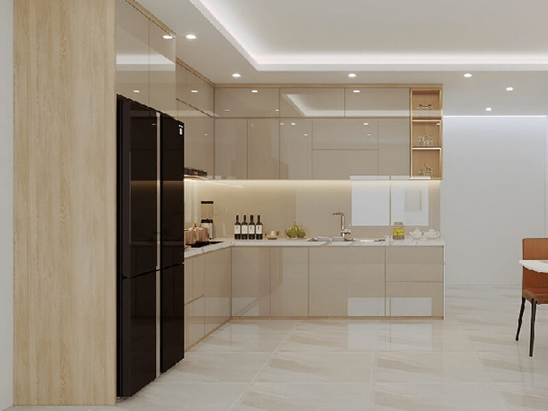 Mẫu tủ bếp chữ L màu be kem