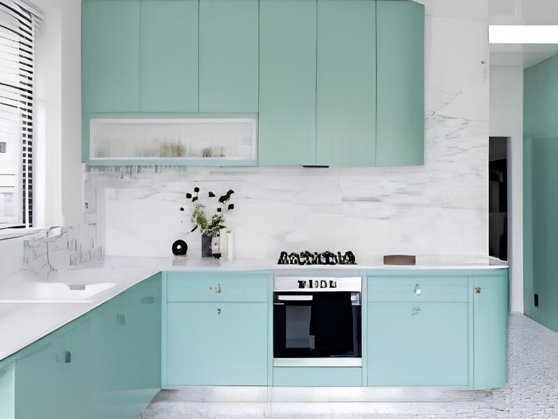Mẫu tủ bếp chữ L màu xanh pastel