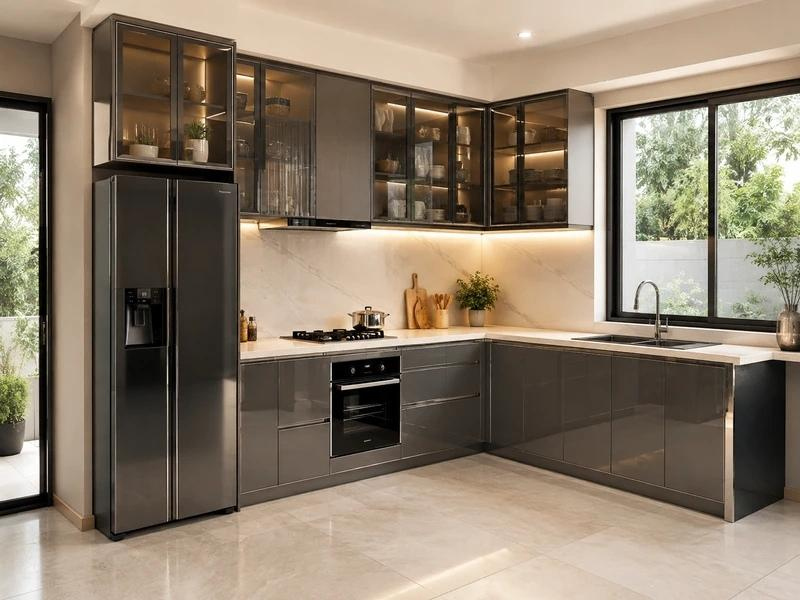 Mẫu tủ bếp chữ L nhôm kính