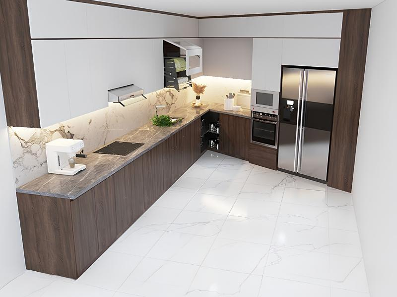 Mẫu tủ bếp chữ L phủ Laminate