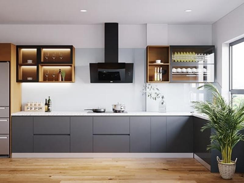 Mẫu tủ bếp chữ L phủ Melamine