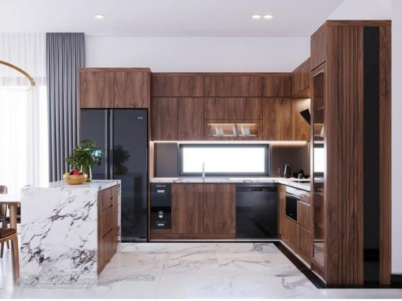Mẫu tủ bếp chữ L phủ Veneer