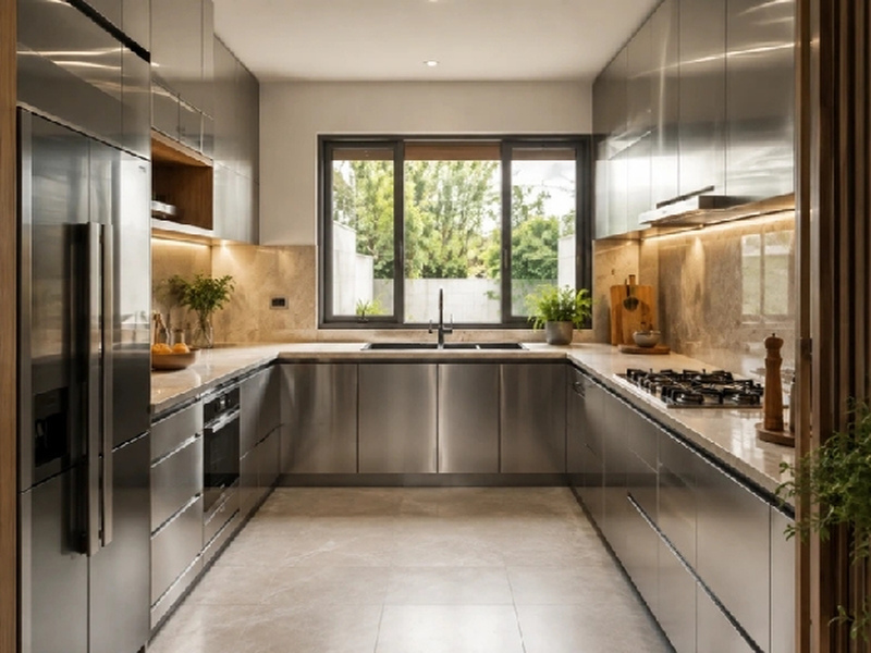 Mẫu tủ bếp chữ U bằng inox