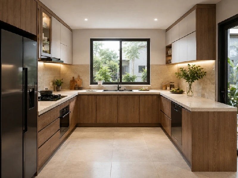 Mẫu tủ bếp chữ U cho bếp 12 đến 15m²