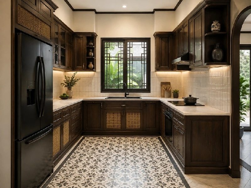 Mẫu tủ bếp chữ U phong cách Indochine