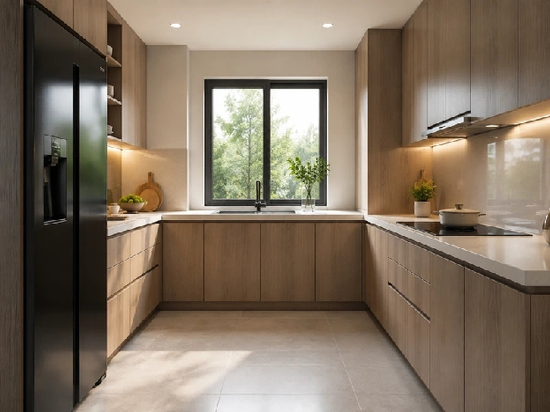 Mẫu tủ bếp chữ U phủ Laminate