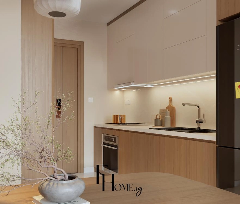 Tủ bếp dọc tường có tủ dưới vân gỗ sồi và tủ trên màu kem