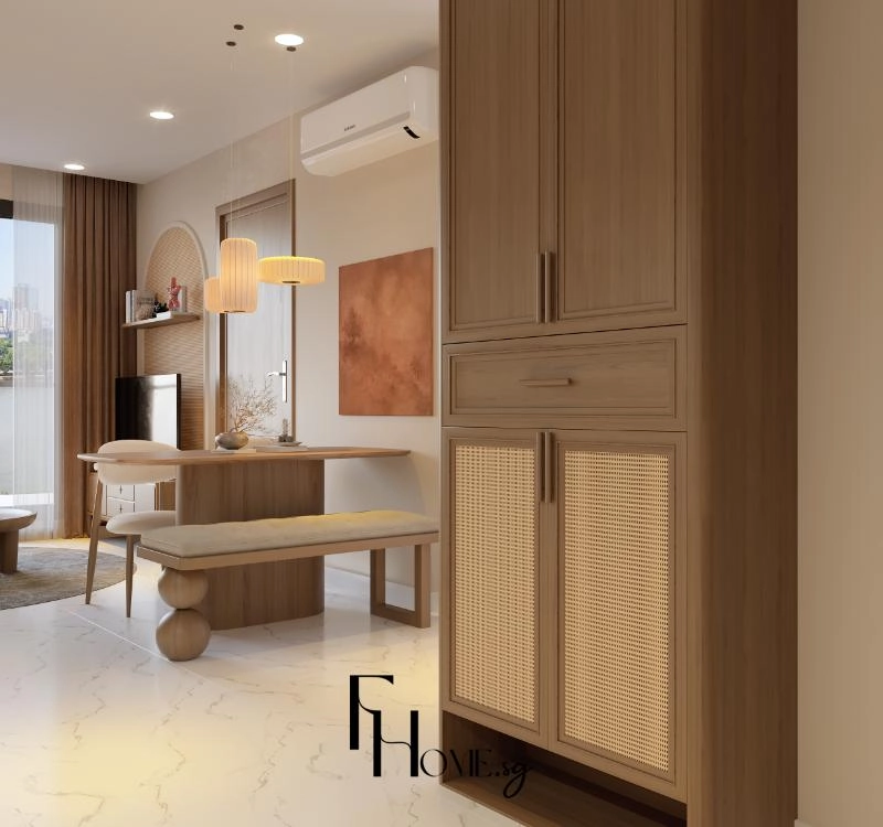 Tủ cao cánh nan mây ngay lối vào cạnh bàn ăn và sàn giữa nhà