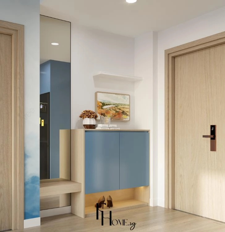Tủ giày xanh có hốc để giày cạnh gương dài và tranh phong cảnh