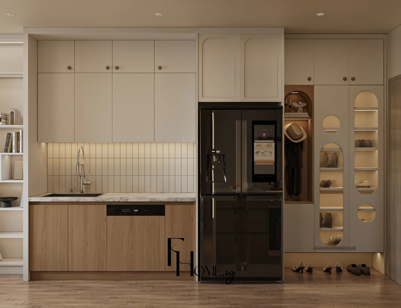 Tủ lạnh trong hốc tủ cao cạnh hốc treo mũ áo và gầm để giày
