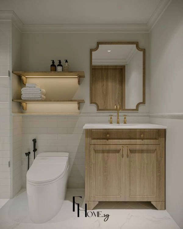 Tủ lavabo gỗ vân sáng với gương viền uốn và vòi vàng đồng
