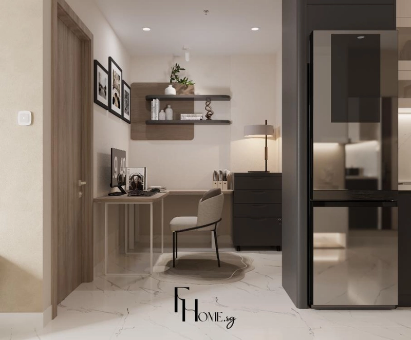 Góc làm việc có tủ ngăn kéo đen ghế xám đèn bàn cạnh tủ lạnh