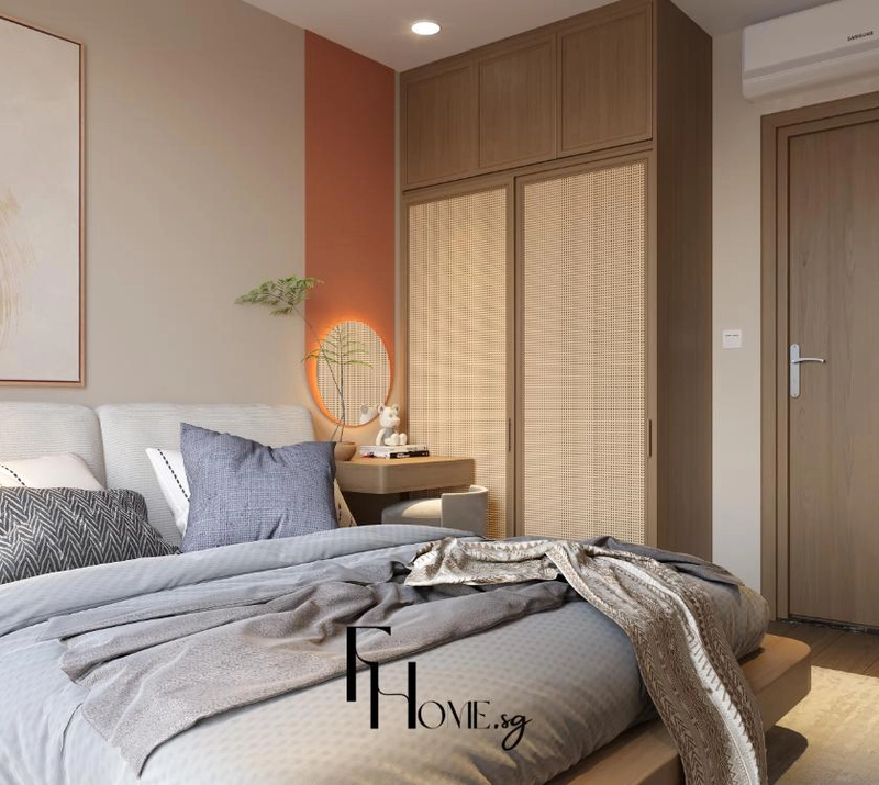 Tủ quần áo cánh đan mây cạnh bàn trang điểm gắn tường trong phòng ngủ