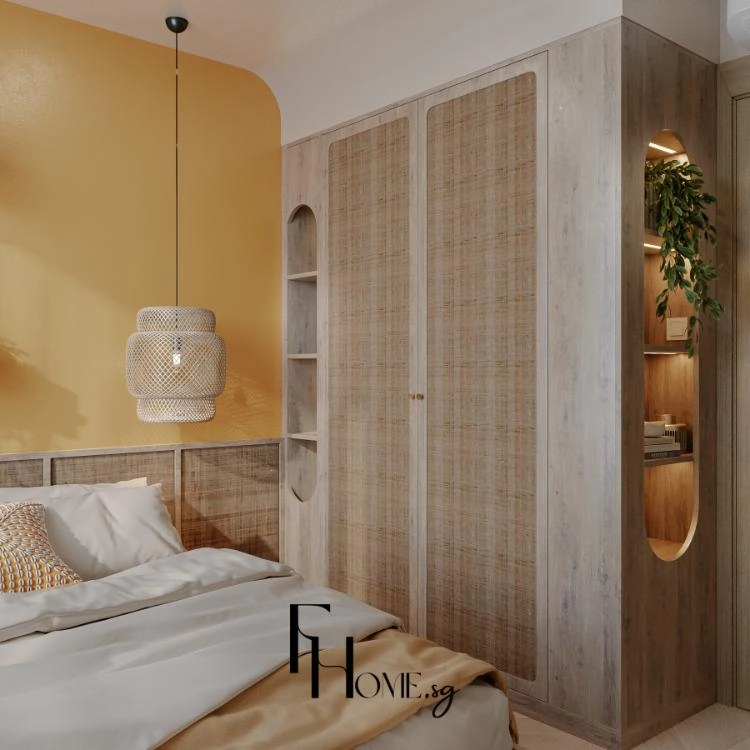 Tủ quần áo kịch trần đan mây cạnh hốc kệ bo tròn gắn đèn