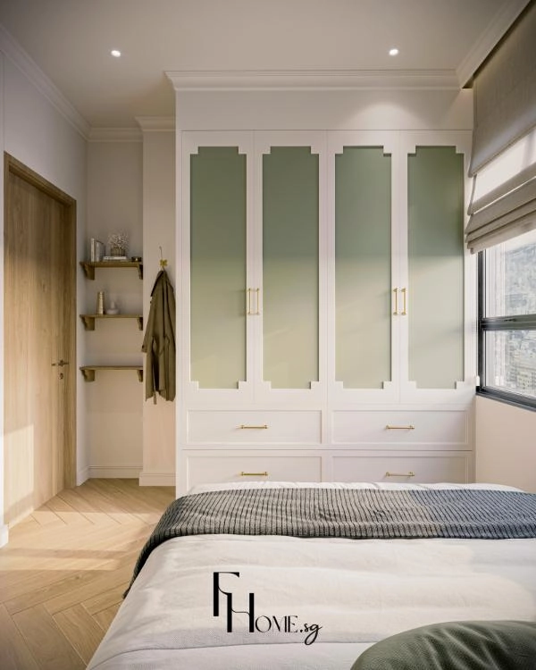 Tủ áo trắng bốn cánh điểm panel xanh cạnh kệ gỗ nhỏ và cửa phòng