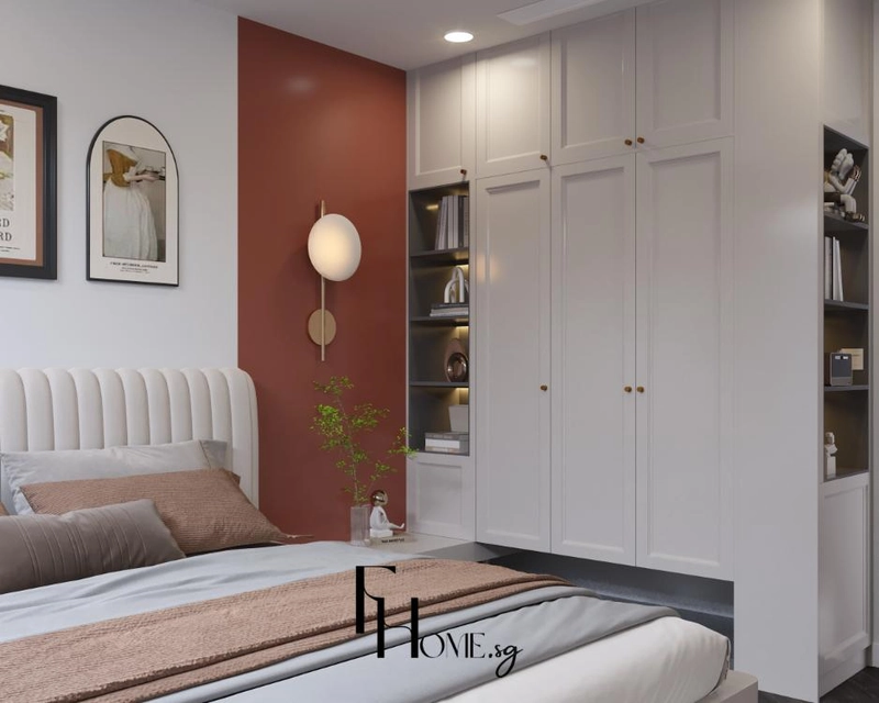 Tủ quần áo trắng cánh soi chỉ cạnh mảng tường đỏ đất sau đầu giường