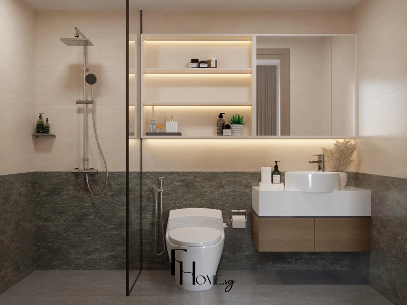 Tường vân đá xám sẫm và gạch kem quanh lavabo trong phòng vệ sinh