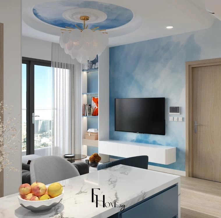 Tường tivi sơn mây xanh và trần vẽ mây nhìn từ quầy bar