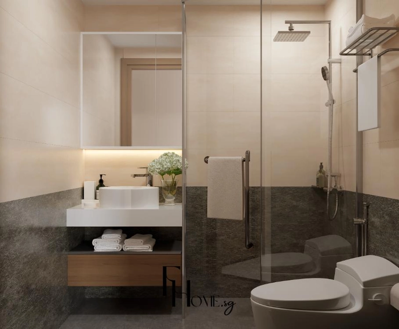 Khu tắm đứng ngăn bằng vách kính trong cạnh lavabo và bồn cầu