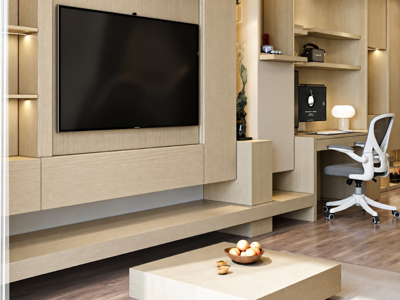 Vách tivi tối giản căn hộ 60m2 kết hợp bàn làm việc treo