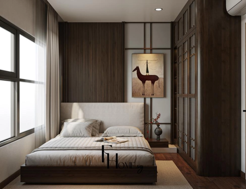 Giường phản thấp đầu bọc nệm tựa vách ốp gỗ cạnh tủ áo cao