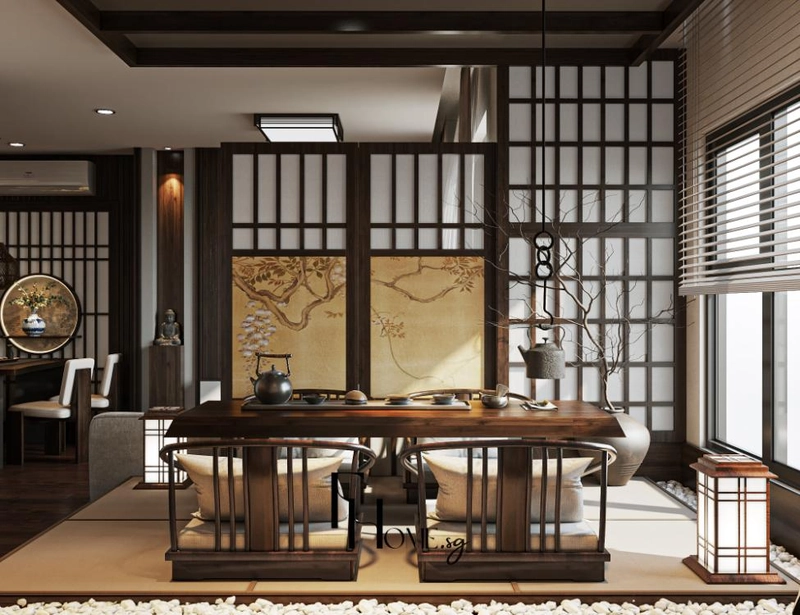 Khu trà sàn nâng trải chiếu tatami với viền sỏi trắng và đèn lồng