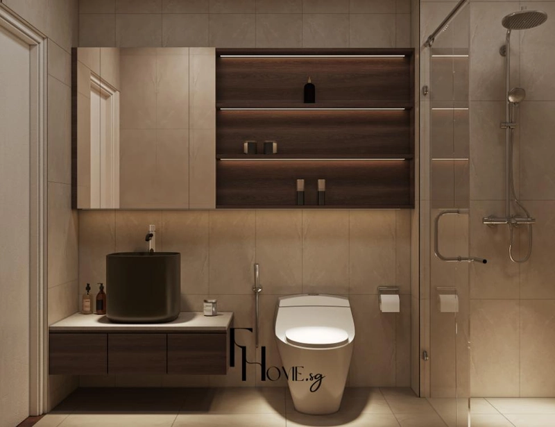 Tủ lavabo gỗ treo nổi dưới tủ gương liền kệ gỗ có đèn LED