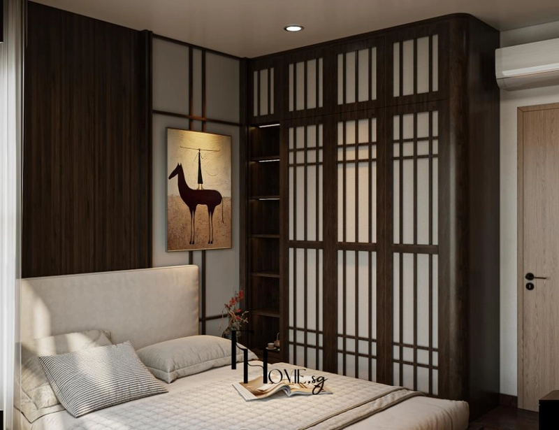 Tủ áo sát trần cánh lưới Shoji lồng tấm mờ với đầu tủ bo cong