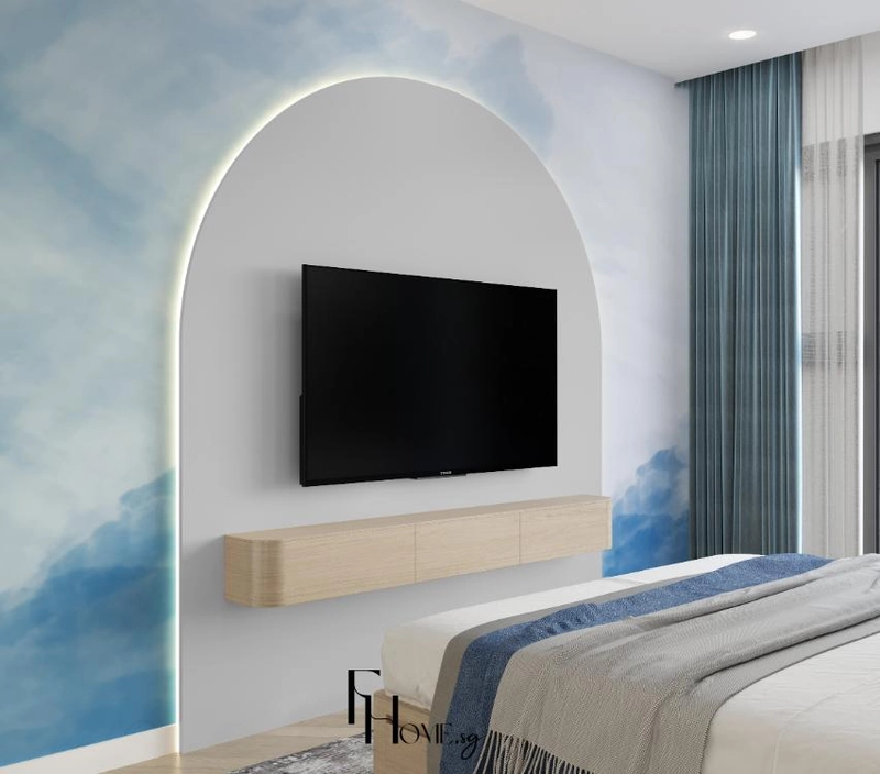 Vòm cong đặt tivi nổi bật trên nền sơn mây xanh với kệ gỗ treo
