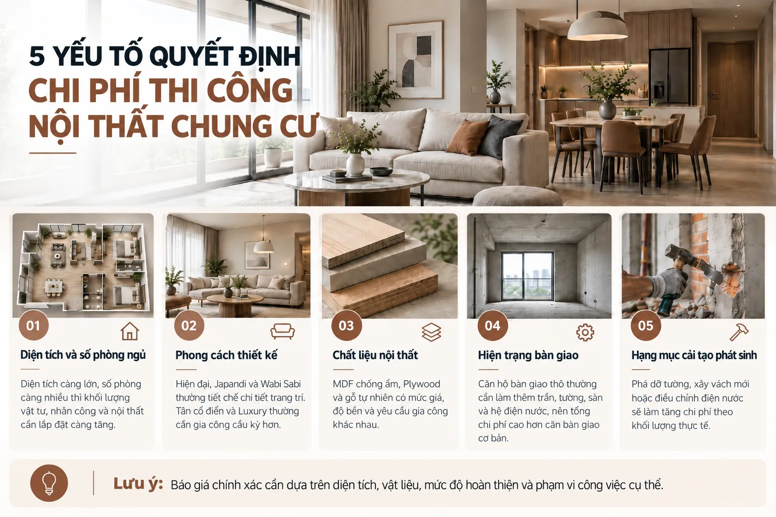 năm yếu tố ảnh hưởng đến báo giá thi công nội thất chung cư